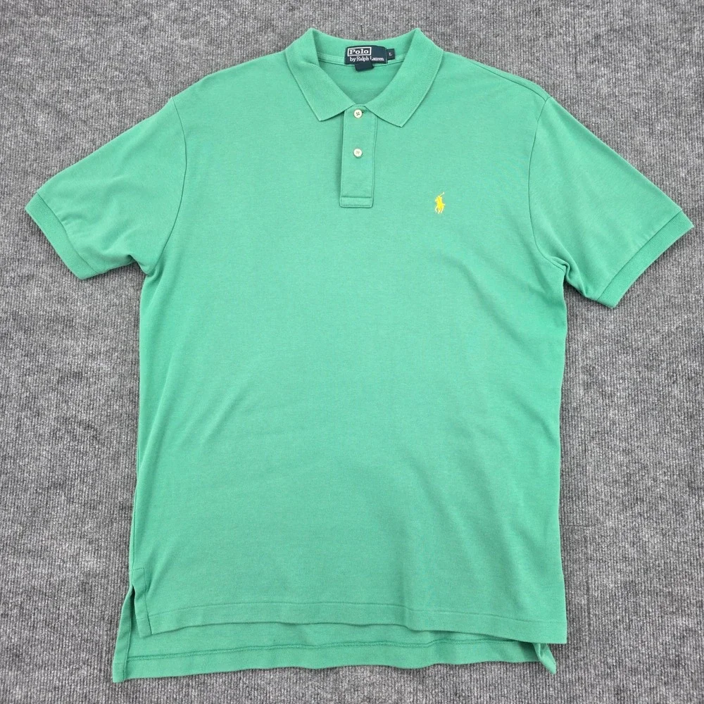 Polo Ralph Lauren Mens Large Green Short Sleeve Pique Polo Shirt Yellow Pony